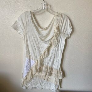 For Love and Liberty Women’s Sheer Lace Detail T Shirt Size S in Ivory Romantic